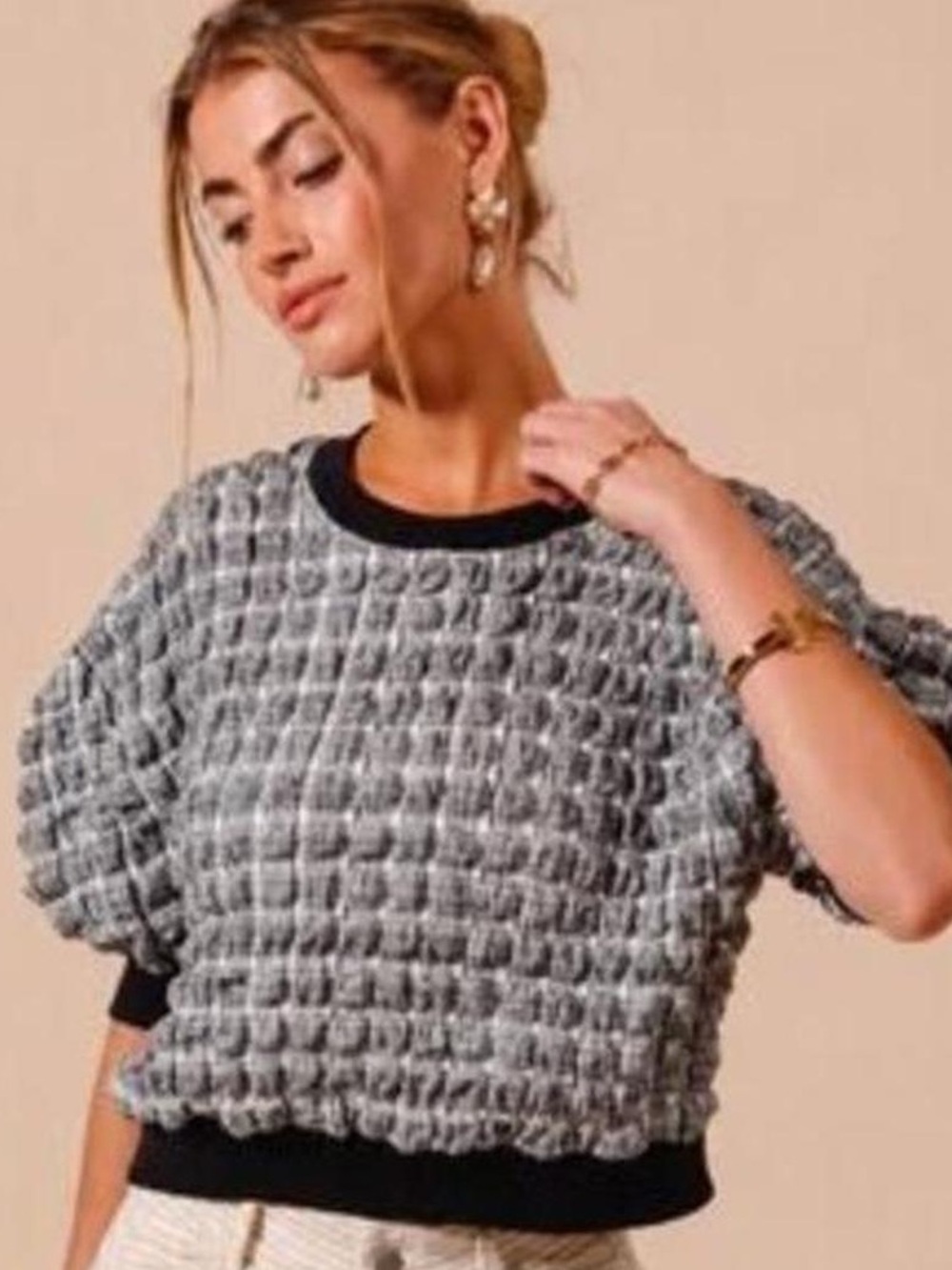 Maeve - Quilted Textured Puff-Sleeve Cropped Top - Medium